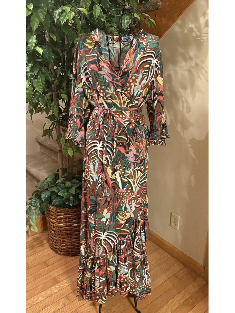 Anthropologie X Farm Rio Fiesta Wrap Maxi Dress Tropical Multi Size 1X XL *read